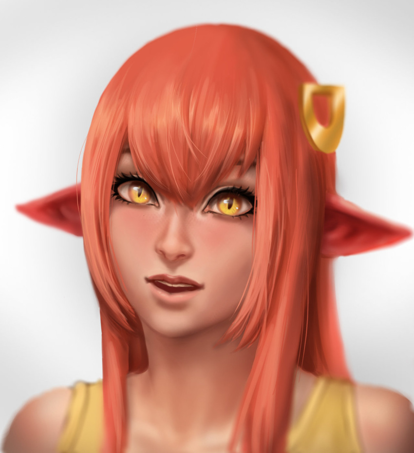 1girl hair_ornament hairclip highres kenneth_tham_rui_yong lamia long_hair looking_at_viewer miia_(monster_musume) monster_girl monster_musume_no_iru_nichijou parted_lips pointy_ears portrait redhead scales simple_background slit_pupils solo white_background yellow_eyes