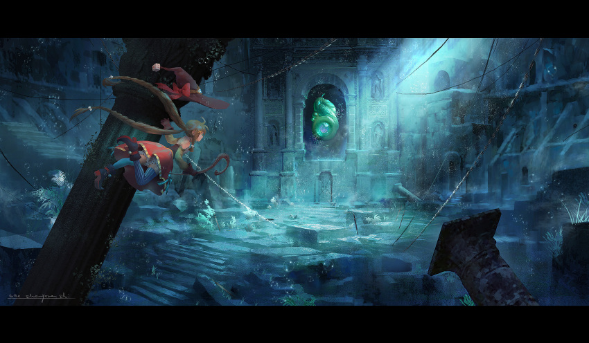 1girl braid brown_hair bubble chain hat highres long_hair lost_elle pixiv_fantasia pixiv_fantasia_t ruins scenery solo sword twin_braids underwater weapon witch_hat