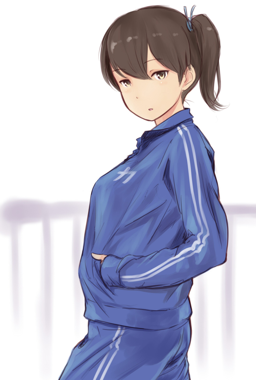 1girl brown_eyes brown_hair hair_ribbon highres kaga_(kantai_collection) kantai_collection long_sleeves looking_at_viewer ribbon side_ponytail solo track_suit wa_(genryusui)