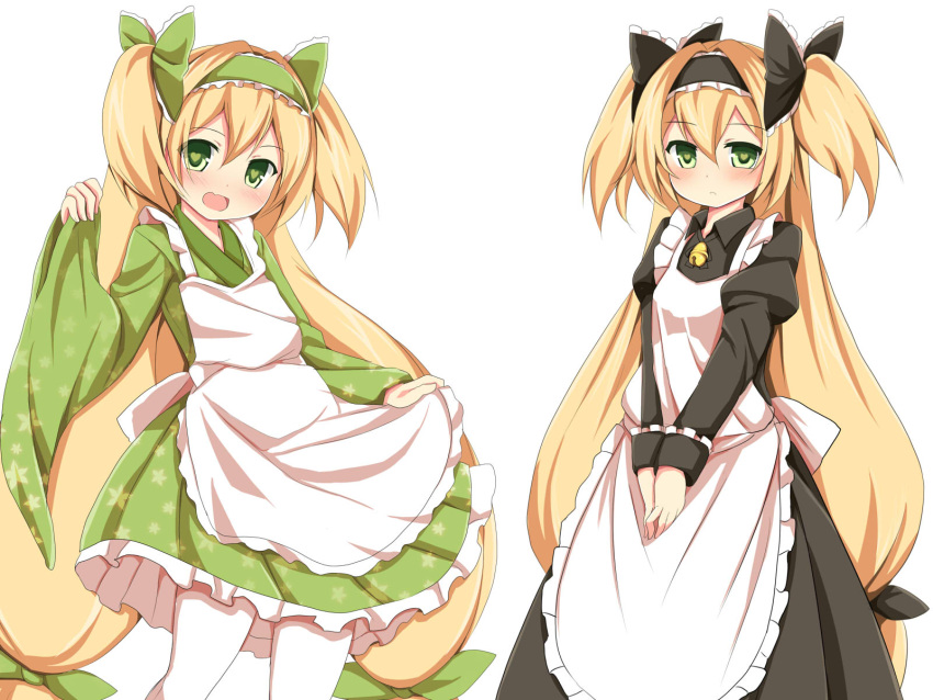 apron blazblue blonde_hair blush dual_persona fang godharo1 green_eyes hairband highres long_hair maid open_mouth pantyhose platinum_the_trinity quad_tails ribbon smile very_long_hair