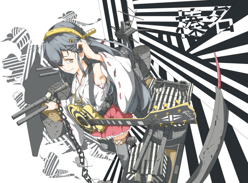 1girl black_hair boots brown_eyes camouflage character_name dazzle_paint detached_sleeves guitar hair_ornament hair_tucking hairband hairclip haruna_(kantai_collection) headgear instrument japanese_clothes kantai_collection long_hair looking_at_viewer ninimo_nimo nontraditional_miko remodel_(kantai_collection) skirt smile solo thigh-highs thigh_boots weapon