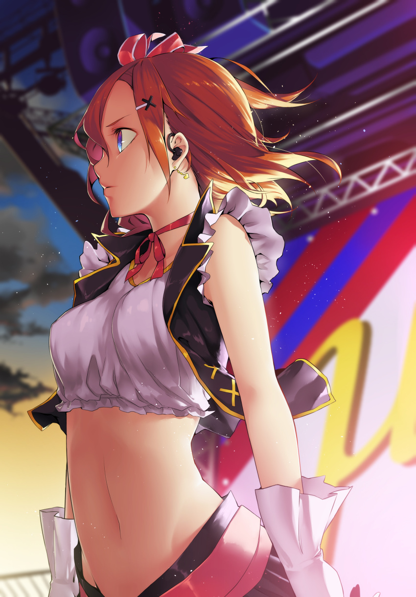 1girl absurdres arms_at_sides black_skirt blue_eyes bow brown_hair crop_top dark_clouds earrings frilled_sleeves frills gloves hair_between_eyes hair_bow hair_ornament hairclip headset heart heart_earrings highres idol jewelry kousaka_honoka looking_to_the_side love_live!_school_idol_project midriff navel neko7 no_brand_girls open_clothes open_vest pleated_skirt red_ribbon ribbon serious shirt short_hair short_sleeves skirt solo speaker stage standing sunset vest white_gloves white_shirt