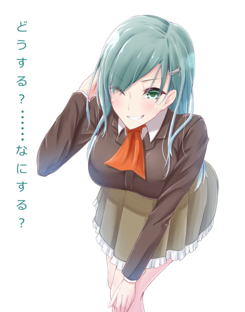 1girl bangle bracelet cowboy_shot green_eyes green_hair grin hair_ornament hairclip hand_in_hair highres jacket jewelry kantai_collection leaning_forward long_hair looking_at_viewer one_eye_closed school_uniform shiroshimu simple_background smile solo suzuya_(kantai_collection) translation_request white_background