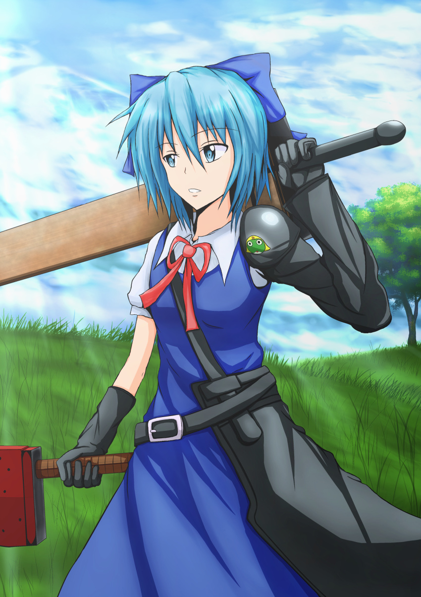 1girl absurdres advent_cirno belt blue_dress blue_eyes blue_hair blue_sky bow cirno clouds dress gauntlets grass hair_bow highres keroro keroro_gunsou light_rays looking_away outdoors over_shoulder parted_lips ribbon short_hair short_sleeves sky solo sunbeam sunlight sword sword_over_shoulder taishi_(e-star1217) touhou tree weapon weapon_bag weapon_over_shoulder