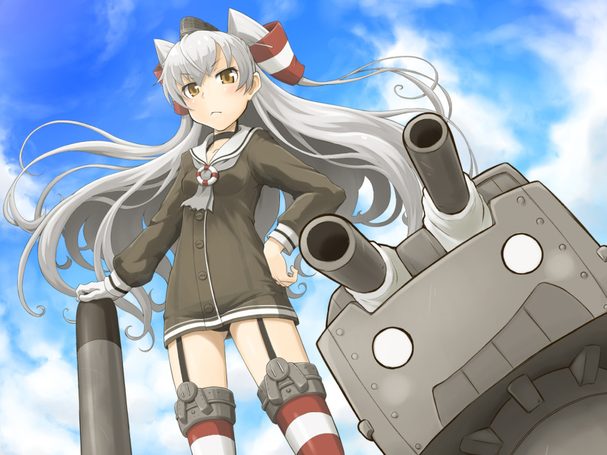 1girl amatsukaze_(kantai_collection) black_panties blue_sky blush brown_eyes clouds cowboy_shot dress garter_straps gloves hair_tubes hand_on_hip highres kantai_collection long_hair long_sleeves looking_at_viewer outdoors panties qome rensouhou-kun sailor_dress see-through short_dress silver_hair single_glove sky small_breasts solo standing striped striped_legwear thigh-highs torpedo two_side_up underwear white_gloves
