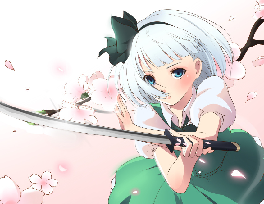 1girl absurdres blue_eyes cherry_blossoms etm_(75220988) expressionless gradient gradient_background hair_in_face hair_ribbon highres katana konpaku_youmu looking_at_viewer petals pink_background puffy_short_sleeves puffy_sleeves ribbon short_hair short_sleeves skirt skirt_set solo sword touhou tree_branch weapon white_hair wind