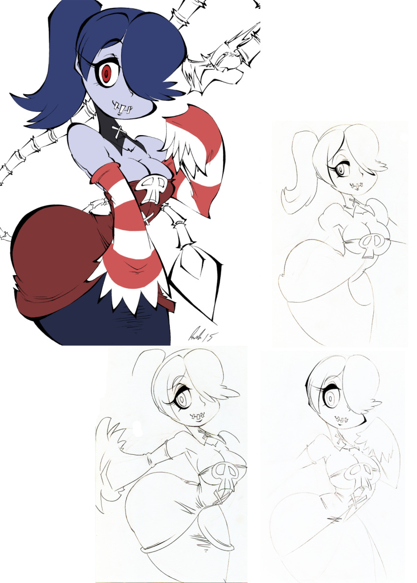 1girl 2015 bare_shoulders blue_hair blue_skin breasts brendan_corris cleavage collage detached_collar detached_sleeves hair_over_one_eye highres leviathan_(skullgirls) long_hair long_skirt making_of red_eyes side_ponytail signature sketch skirt skull skullgirls sleeves_past_wrists slender_waist solo squigly_(skullgirls) stitched_mouth striped_sleeves wide_hips zombie
