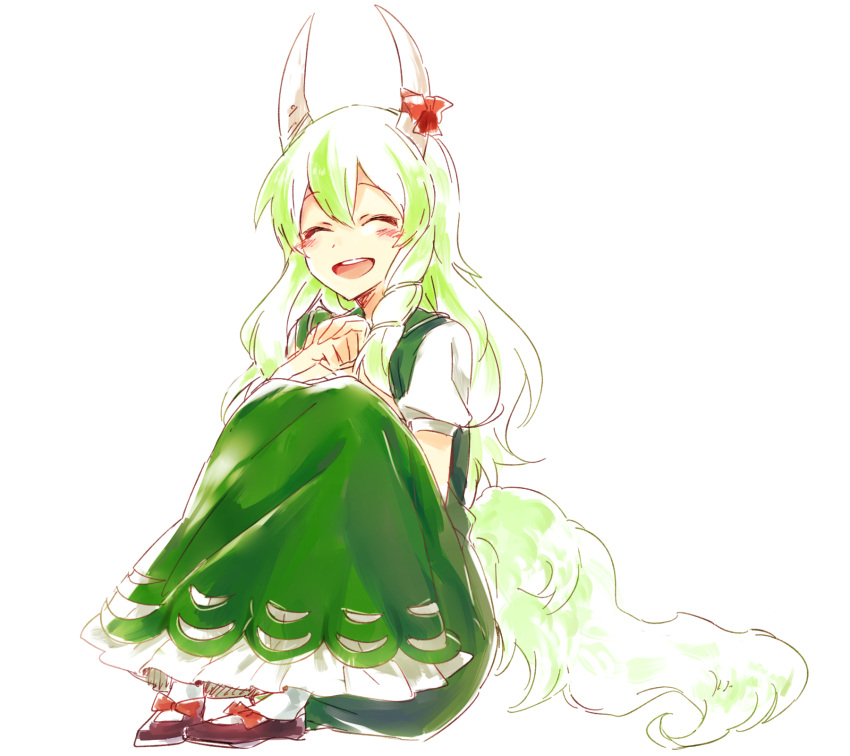 1girl blush closed_eyes dress ex-keine full_body green_hair hakutaku hands_together highres horn_ribbon horns kamishirasawa_keine knees_to_chest legs_together long_hair open_mouth ribbon shoes sitting six_(fnrptal1010) smile solo tail touhou white_background