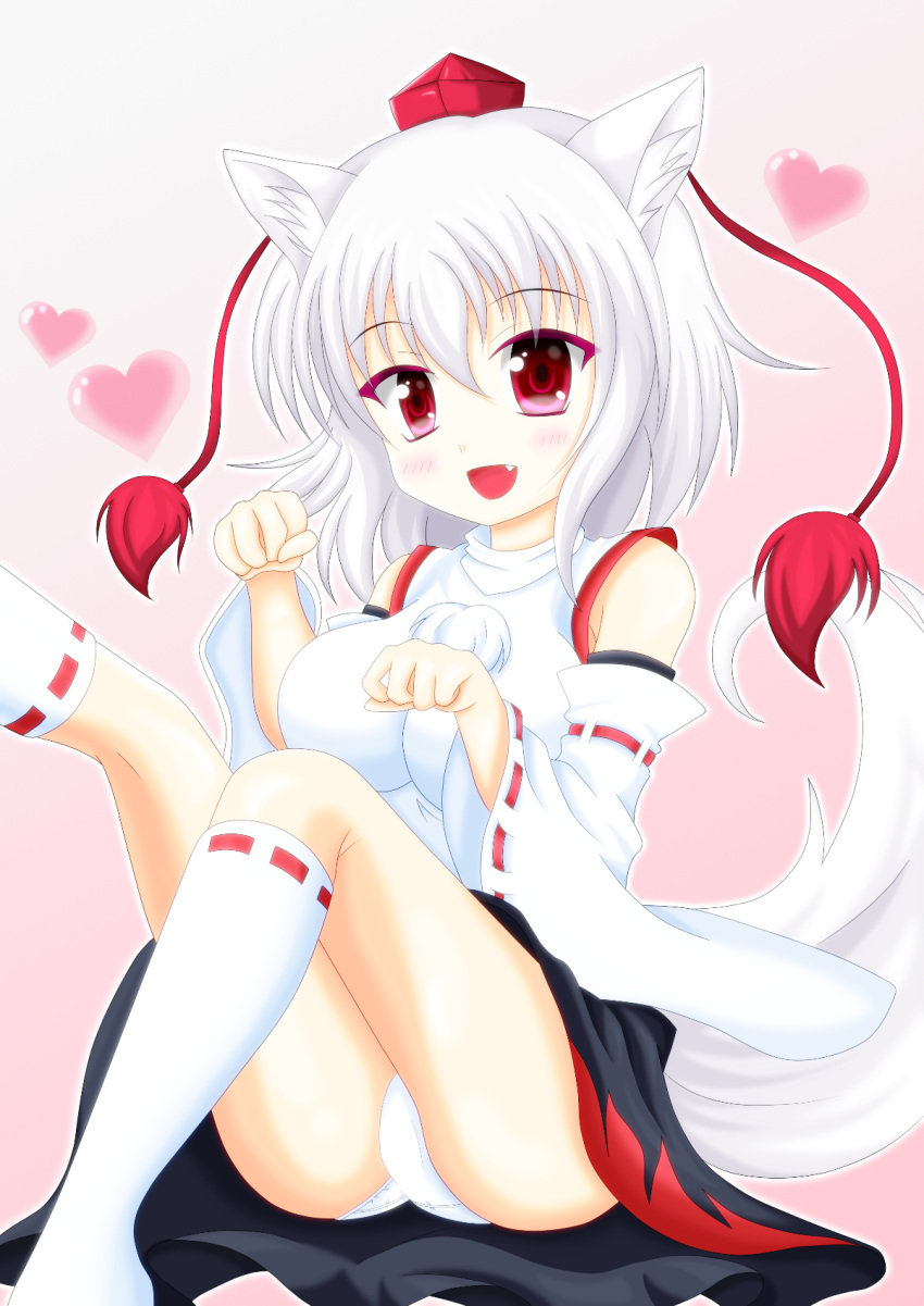 1girl animal_ears bare_shoulders blush breasts cat_paws detached_sleeves fang hat heart highres inubashiri_momiji katsuhaku_(zanken-sena) large_breasts looking_at_viewer open_mouth panties paws pom_pom_(clothes) red_eyes ribbon-trimmed_sleeves ribbon_trim short_hair silver_hair sitting skirt solo tail tokin_hat touhou underwear wolf_ears wolf_tail