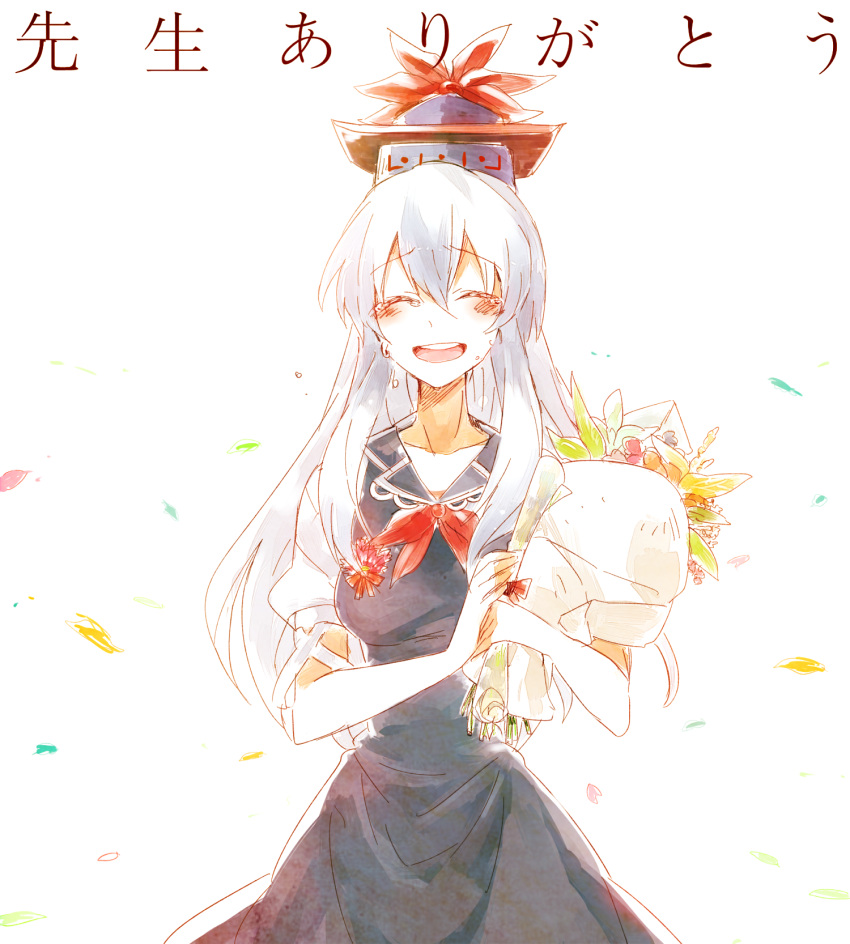 1girl blouse blue_hair blush bouquet closed_eyes cowboy_shot crying flower happy_tears hat highres kamishirasawa_keine long_hair multicolored_hair neck_ribbon open_mouth ribbon six_(fnrptal1010) solo tears touhou translated white_background white_hair