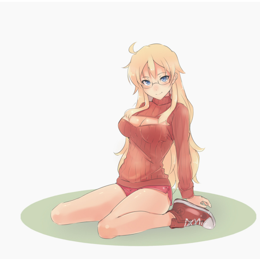 1girl bare_legs ben-tou blonde_hair blue_eyes breasts cleavage cleavage_cutout converse full_body glasses highres kubo_(artist) large_breasts long_hair looking_at_viewer open-chest_sweater ribbed_sweater shaga_ayame shoes short_shorts shorts sitting sneakers solo sweater turtleneck wariza