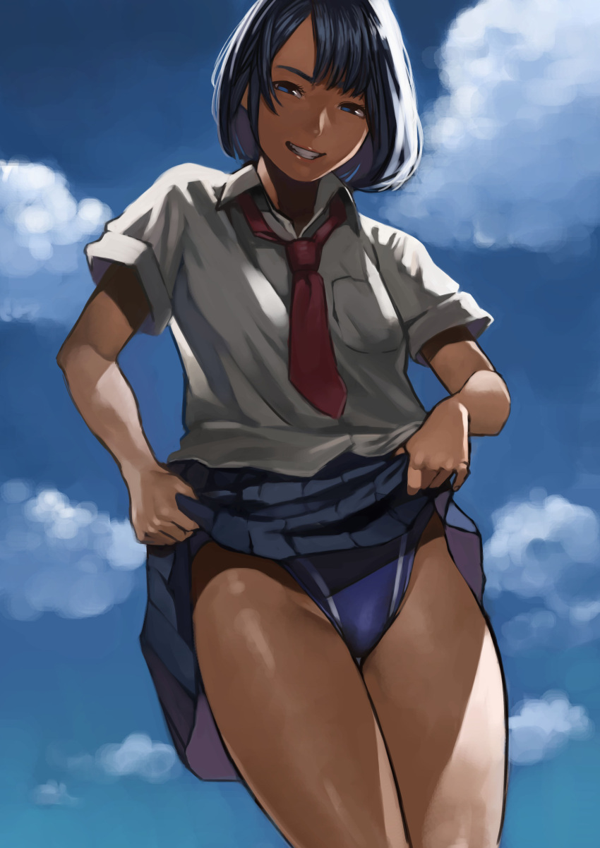 1girl absurdres black_hair blue_eyes breast_pocket clouds competition_swimsuit cowboy_shot grin highres looking_at_viewer necktie one-piece_swimsuit original pleated_skirt presenting red_necktie school_uniform short_hair short_sleeves skirt skirt_lift sky smile solo swimsuit swimsuit_under_clothes tani_(sgt_epper) teeth