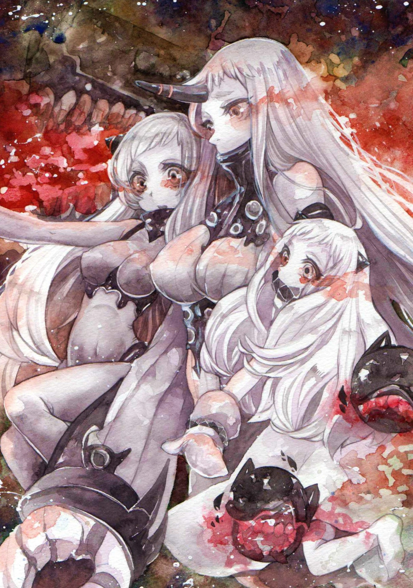 3girls ahoge airfield_hime claws detached_sleeves fire highres horn horns kantai_collection long_hair mittens monster multiple_girls northern_ocean_hime open_mouth pale_skin red_eyes seaport_hime shinkaisei-kan traditional_media watercolor_(medium) white_hair yellowpeace1q85