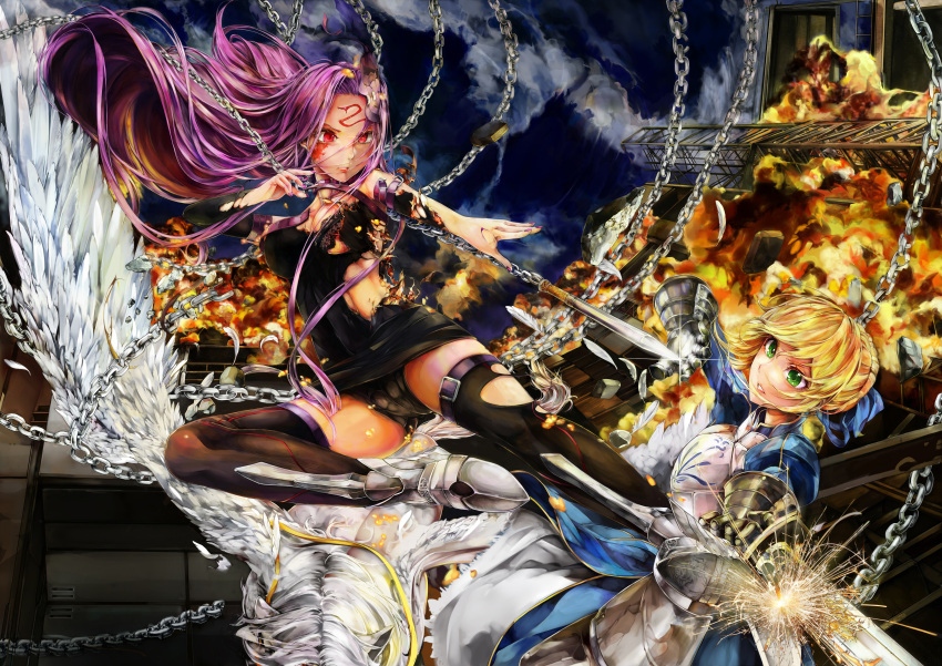 2girls absurdres ahoge armor armored_dress blonde_hair chain dress excalibur facial_mark fate/stay_night fate_(series) flying_kick forehead_mark gauntlets greaves green_eyes highres kicking long_hair multiple_girls poyan_noken purple_hair rider saber sword thigh-highs torn_clothes torn_dress very_long_hair violet_eyes weapon