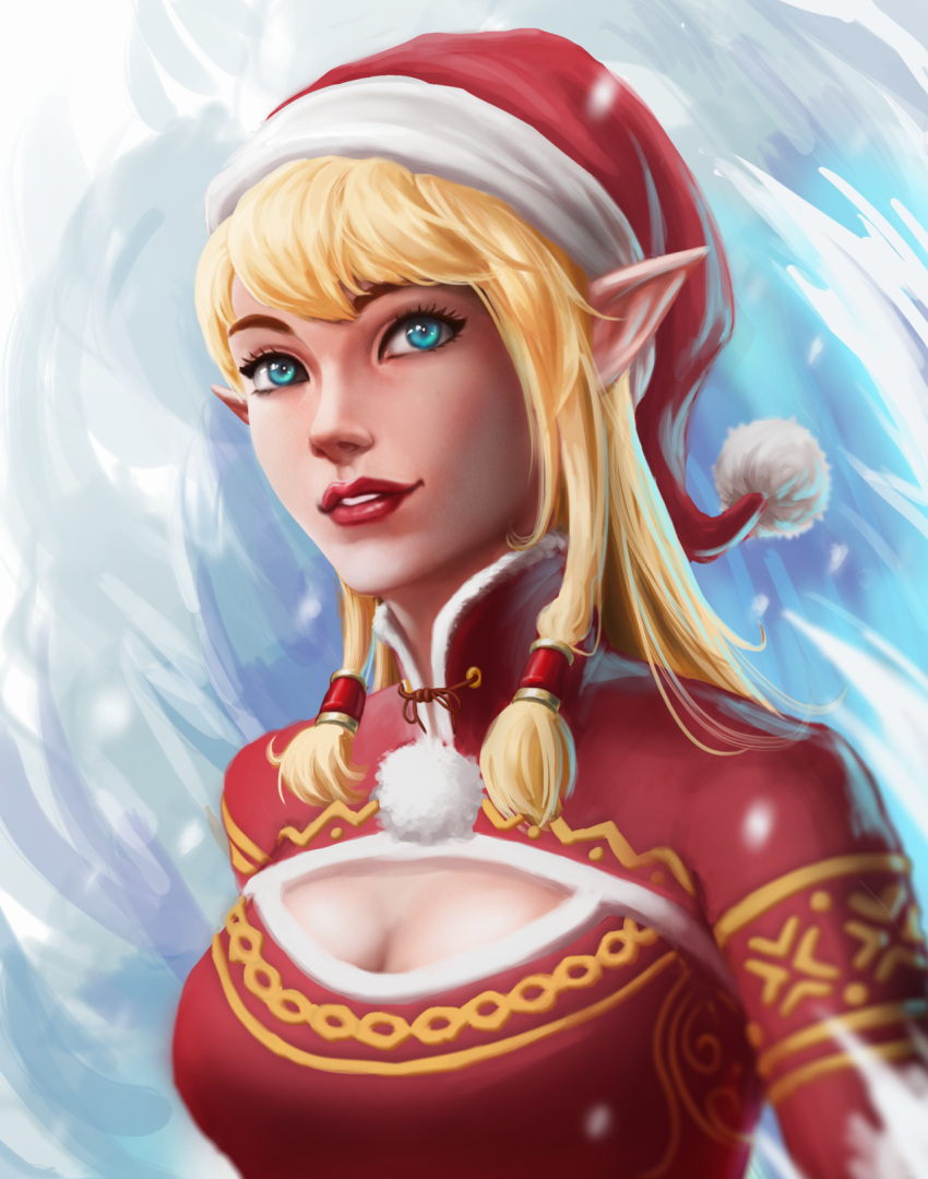 1girl blonde_hair blue_eyes breasts cleavage elf hat highres kenneth_tham_rui_yong long_hair looking_at_viewer open-chest_sweater original parted_lips payot pointy_ears santa_hat snow solo sweater upper_body