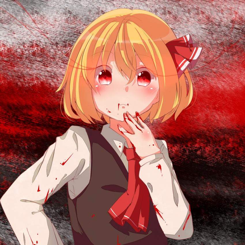 1girl ascot blonde_hair blood blood_on_face blood_on_hands blood_splatter bloody_clothes gradient gradient_background hair_ribbon hand_on_own_chin highres light_smile long_sleeves looking_at_viewer maikuro red_eyes ribbon rumia short_hair solo touhou vest