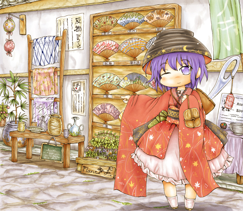 1girl bowl_hat charm_(object) chibi clenched_hand fan folding_fan hand_on_own_chest highres japanese_clothes kimono light_smile looking_at_viewer minigirl needle obi one_eye_closed plant pointing potted_plant purple_hair sash shelves short_hair sign sleeves_past_wrists solo standing sukuna_shinmyoumaru table touhou vase violet_eyes ys_(ytoskyoku-57)