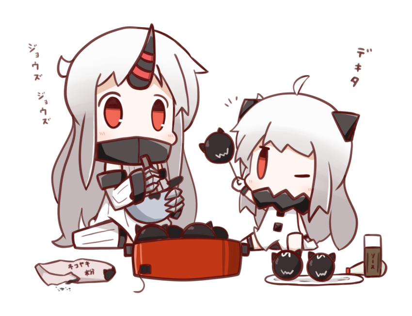 2girls ahoge chibi claws cooking detached_sleeves horn horns kantai_collection long_hair mittens multiple_girls northern_ocean_hime nuu_(nu-nyu) one_eye_closed pale_skin red_eyes seaport_hime shinkaisei-kan sitting stirring translated white_hair