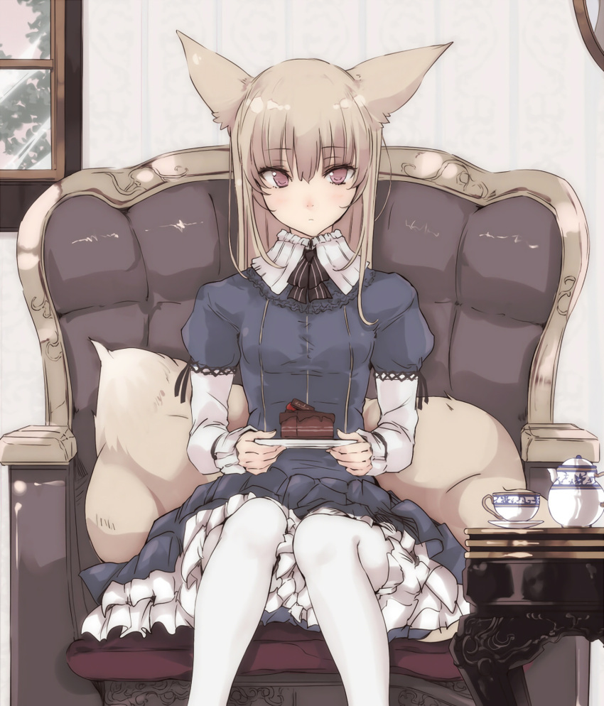 1girl animal_ears armchair cake chair coffee_table cup cushion dress fluffy food fox_ears fox_tail frilled_shirt_collar highres holding_plate juliet_sleeves light_brown_hair lolita_fashion long_sleeves original pantyhose plate puffy_sleeves ribbon saucer sitting slice_of_cake solo tail teacup teapot touma_kisa upscaled violet_eyes white_legwear