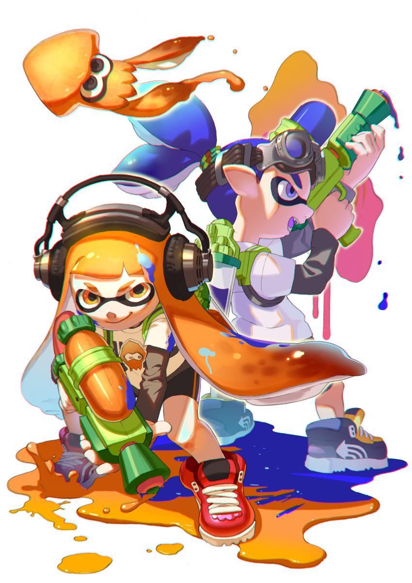 absurdres bike_shorts blue_eyes blue_hair fangs headphones highres inkling long_hair mask orange_eyes orange_hair paint_splatter pointy_ears sachimaa shirt shoes smile sneakers splatoon squid super_soaker tentacle_hair