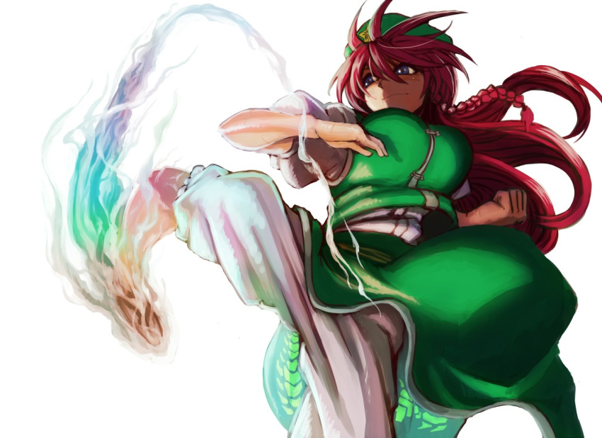 1girl aura beret blue_eyes bouncing_breasts braid breasts chinese_clothes clenched_hand dragon eastern_dragon from_below hat hong_meiling kicking littlefinger1988 long_hair looking_to_the_side puffy_short_sleeves puffy_sleeves redhead serious shirt short_sleeves side_slit skirt skirt_set solo standing_on_one_leg tangzhuang touhou twin_braids white_pants white_shirt