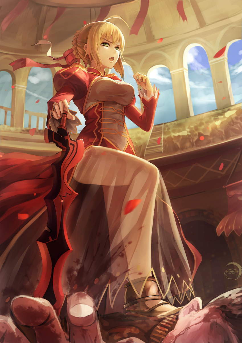 1boy 1girl absurdres arena blonde_hair blood bloody_dress braid breasts dress fate/stay_night fate_(series) green_eyes hair_ribbon highres impaled juliet_sleeves large_breasts layered_dress long_sleeves open_mouth planted_sword planted_weapon puffy_sleeves red_dress ribbon saber_extra see-through solo solo_focus stepped_on sword weapon white_dress xiaoyin_li