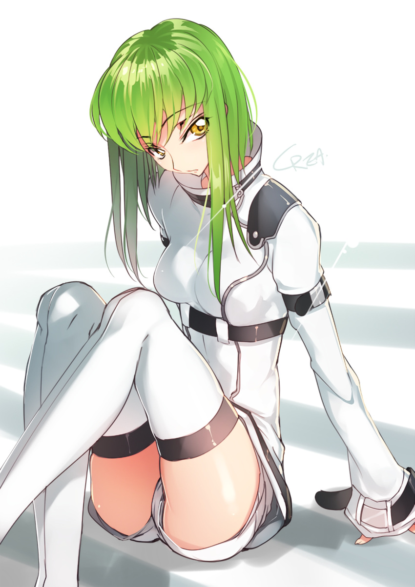 1girl adapted_costume alternate_hair_length alternate_hairstyle arm_support c.c. code_geass creayus green_hair highres long_hair short_shorts shorts sitting solo straitjacket thigh-highs upscaled white_legwear yellow_eyes