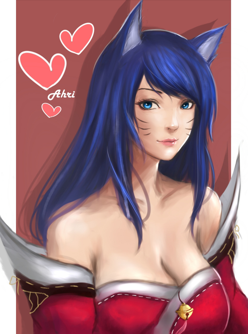 1girl ahri animal_ears bare_shoulders blue_eyes breasts cleavage detached_sleeves facial_mark fox_ears heart highres ikhwan_maulana korean_clothes large_breasts league_of_legends lips long_hair looking_at_viewer nose red_background shadow simple_background smile solo upper_body whisker_markings white_background