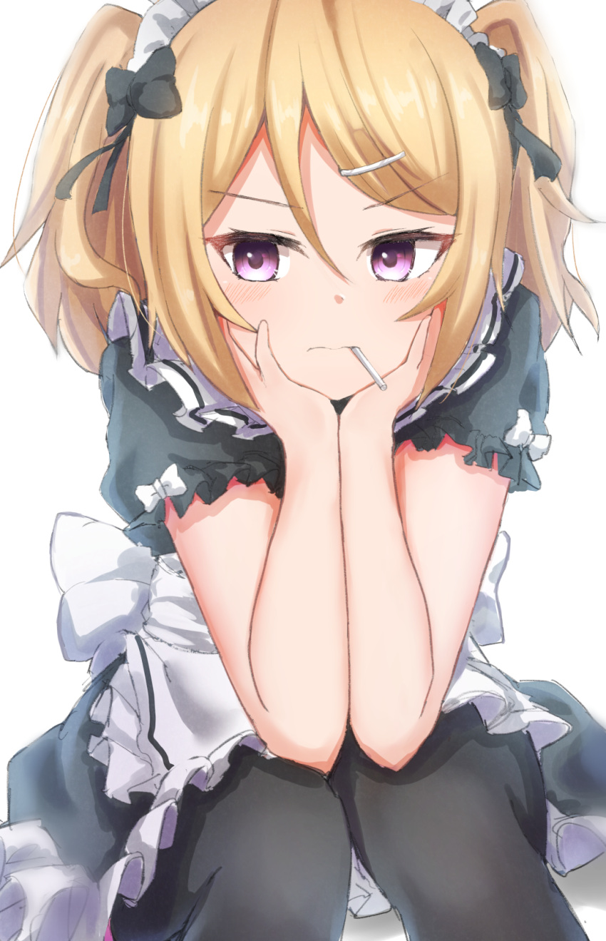 1girl alternate_costume apron bangs black_bow black_dress black_legwear blonde_hair bow chloe_(princess_connect!) closed_mouth commentary_request dress enmaided eyebrows_visible_through_hair feet_out_of_frame frilled_apron frills hair_between_eyes hair_bow hair_ornament hairclip hands_up highres looking_at_viewer maid maid_headdress mouth_hold nenosame pantyhose princess_connect! puffy_short_sleeves puffy_sleeves shadow short_sleeves sitting solo two_side_up v-shaped_eyebrows violet_eyes wavy_mouth white_apron white_background
