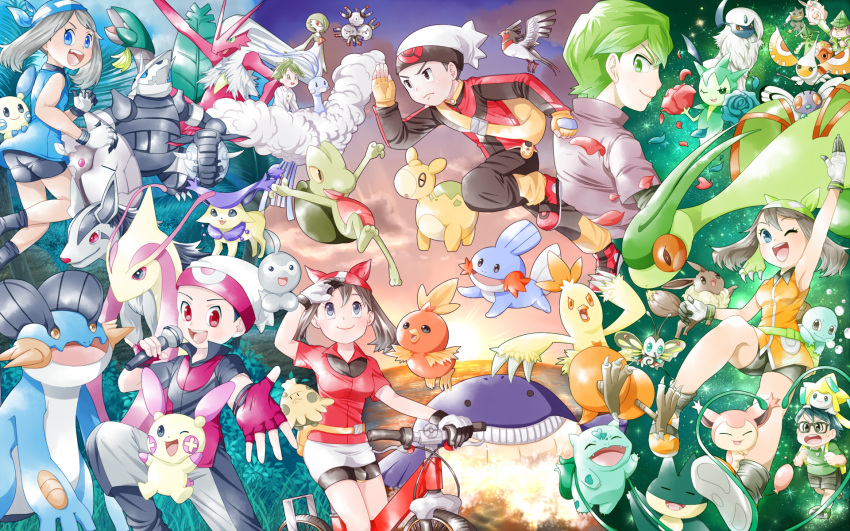 absol altaria backpack bag bandana banette beautifly bicycle blaziken blue_eyes brown_hair bubble bulbasaur butterfree camerupt castform clouds cloudy_sky combusken delcatty donphan eevee fingerless_gloves flygon gardevoir gasshou glasses gloves green_eyes green_hair haruka_(pokemon) hat highres jirachi magneton masato_(pokemon) masquerain microphone mightyena milotic minun mitsuru_(pokemon) mudkip munchlax ocean octillery petals plusle pokemon pokemon_(creature) pokemon_(game) pokemon_rse red_eyes roselia short_shorts shorts shroomish skitty sky sleeveless sparkle squirtle sun swampert swellow torchic treecko tropius wailmer wigglytuff yuuki_(pokemon)