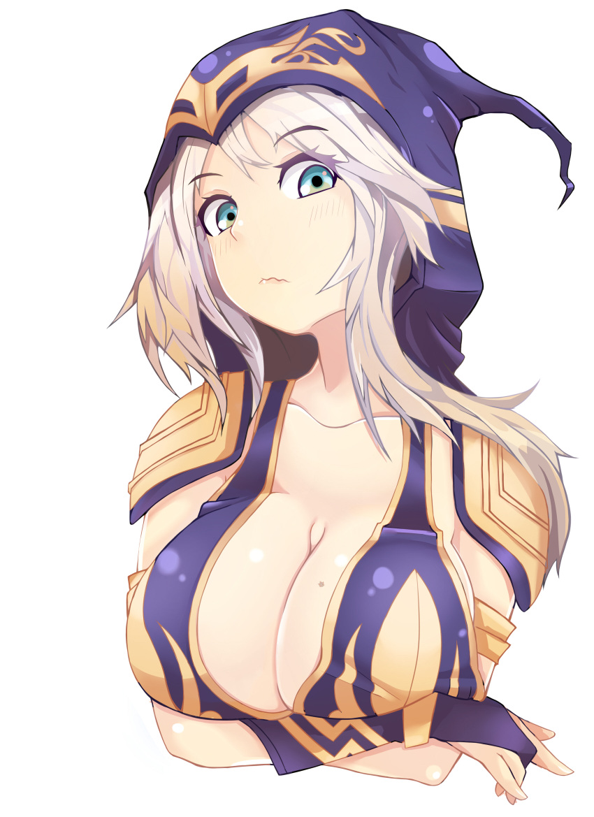 1girl absurdres aqua_eyes ashe_(league_of_legends) blush breast_lift breasts cleavage highres hood large_breasts league_of_legends looking_at_viewer mole mole_on_breast pingqiong_xiansheng solo tryndamere wavy_mouth white_hair