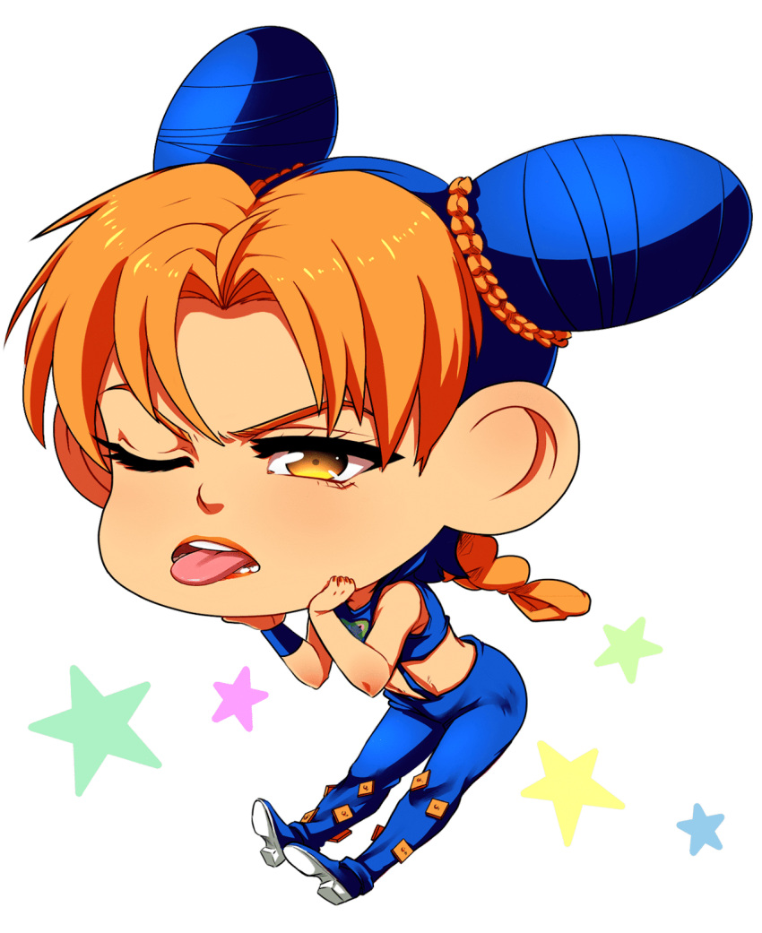 animated animated_gif blonde_hair blue_hair chibi hands_on_own_chin hands_on_own_face highres jojo_no_kimyou_na_bouken kuujou_jolyne multicolored_hair one_eye_closed star tariah_furlow tongue tongue_out two-tone_hair wristband yellow_eyes