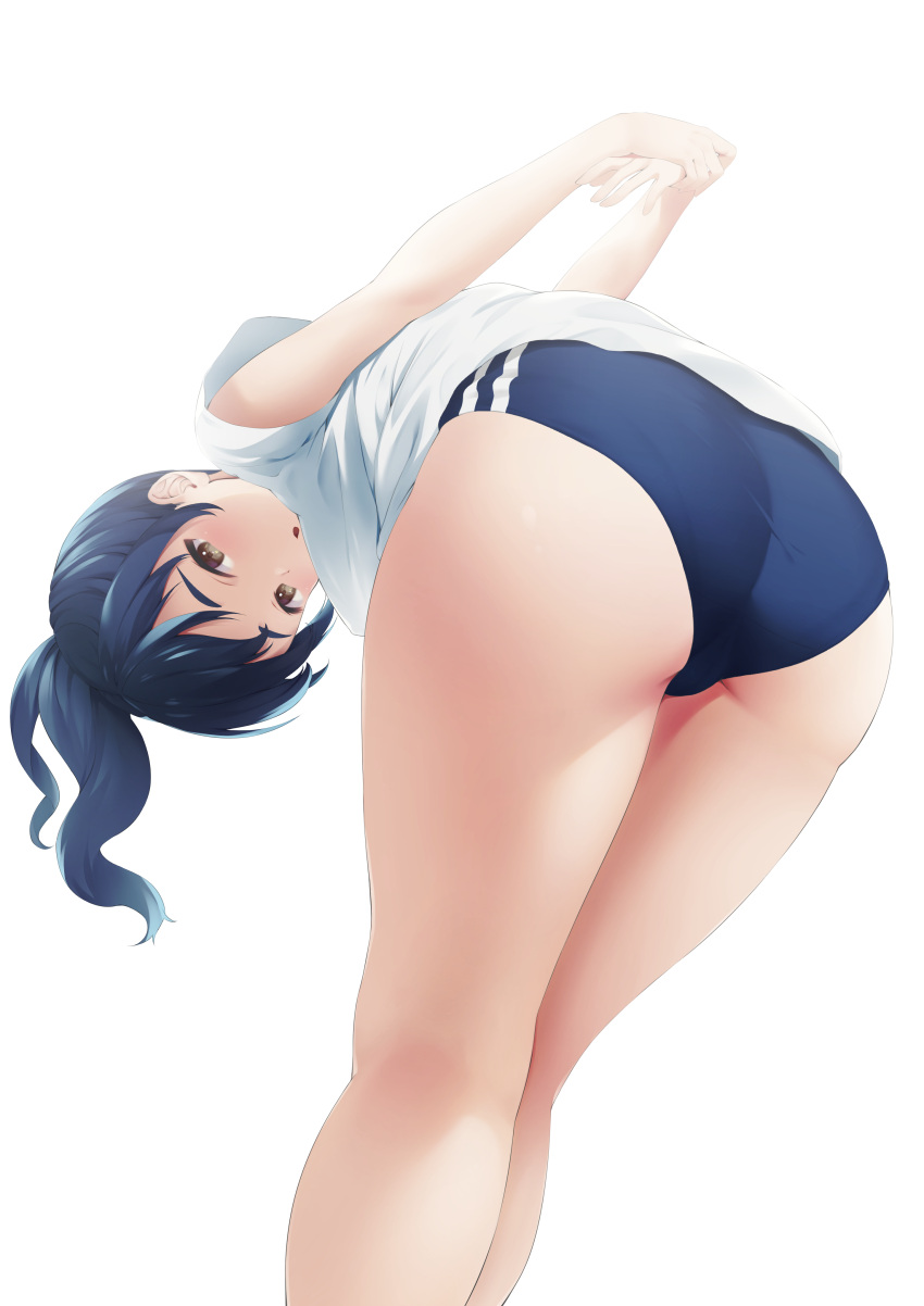 1girl absurdres arms_behind_back ass bent_over black_hair blush gym_uniform highres looking_at_viewer medium_hair open_mouth original ponytail shorts simple_background solo stretch thighs white_background yappe yellow_eyes