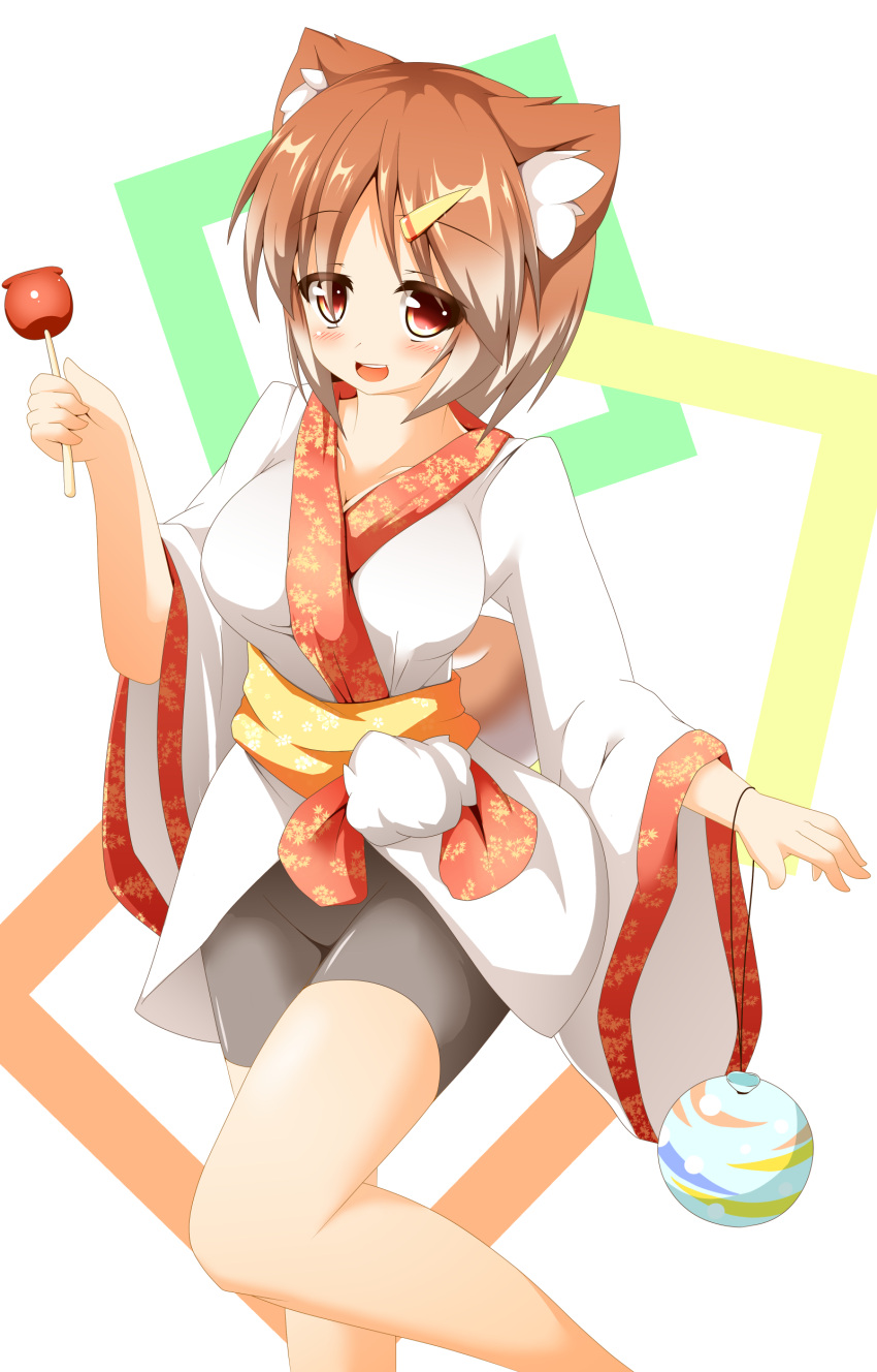 1girl absurdres animal_ears bag bike_shorts breasts brown_hair candy_apple cleavage dog_ears dog_tail floral_print hair_ornament hairclip hajime_(ak-r) highres japanese_clothes kimono large_breasts long_sleeves open_mouth original personification red_eyes shiba_inu short_hair smile solo tail wide_sleeves yukata