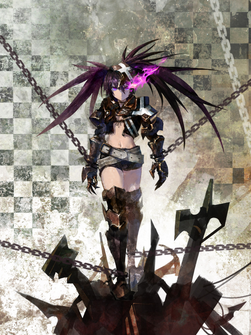 1girl armor armored_boots belt bikini_top black_hair black_rock_shooter cancer_(zjcconan) chain chained chained_wrists choker claws expressionless fire front-tie_top gauntlets glowing glowing_eyes highres insane_black_rock_shooter jacket long_hair looking_at_viewer midriff navel open_clothes purple_fire ringed_eyes short_shorts shorts star torn_clothes twintails violet_eyes