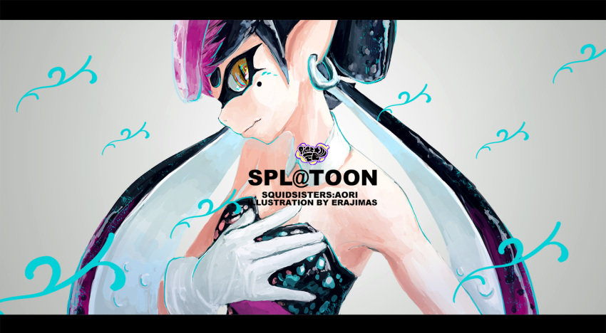 1girl artist_name black_hair brown_eyes callie_(splatoon) character_name detached_collar earrings food food_on_head frown gloves hand_on_own_chest jewelry letterboxed mask mole mole_under_eye object_on_head pointy_ears profile samidare_(okayou) slit_pupils solo splatoon sushi tentacle_hair upper_body white_gloves