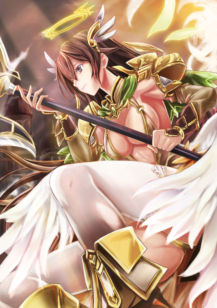 1girl angel angel_wings black_hair boots breasts capelet cowboy_shot hair_ornament halberd halo highres knee_boots light_rays long_hair o-ring polearm sennen_sensou_aigis shoulder_pads sophie_(sennen_sensou_aigis) sunbeam sunlight thigh-highs weapon white_legwear wings wrist_guards yakinabe