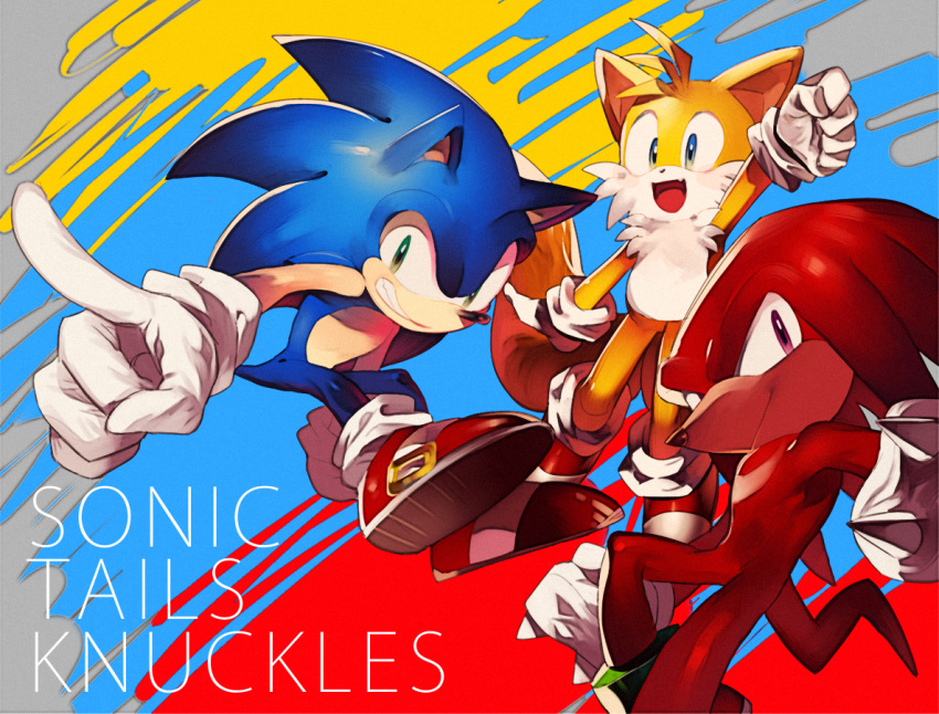 3boys character_name gloves knuckles_the_echidna miles_prower multiple_boys naoko_(juvenile) no_humans pointing sonic sonic_the_hedgehog tail