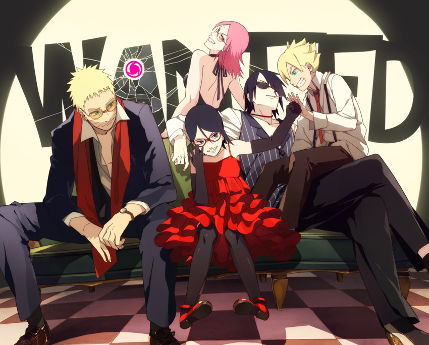 2girls 3boys cigarette contemporary couch dress elbow_gloves father_and_daughter father_and_son gangster glasses gloves grin haruno_sakura mafia mother_and_daughter multiple_boys multiple_girls naruto oba-min red-framed_glasses sitting smile smoking sunglasses thigh-highs uchiha_sarada uchiha_sasuke uzumaki_boruto uzumaki_naruto watch