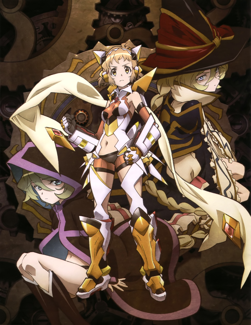 3girls absurdres blonde_hair blue_eyes boots braid brown_eyes brown_hair character_request gloves green_hair hat highres hood hooded_cloak legs long_hair multiple_girls official_art ponytail senki_zesshou_symphogear short_hair tachibana_hibiki_(symphogear) very_long_hair witch_hat