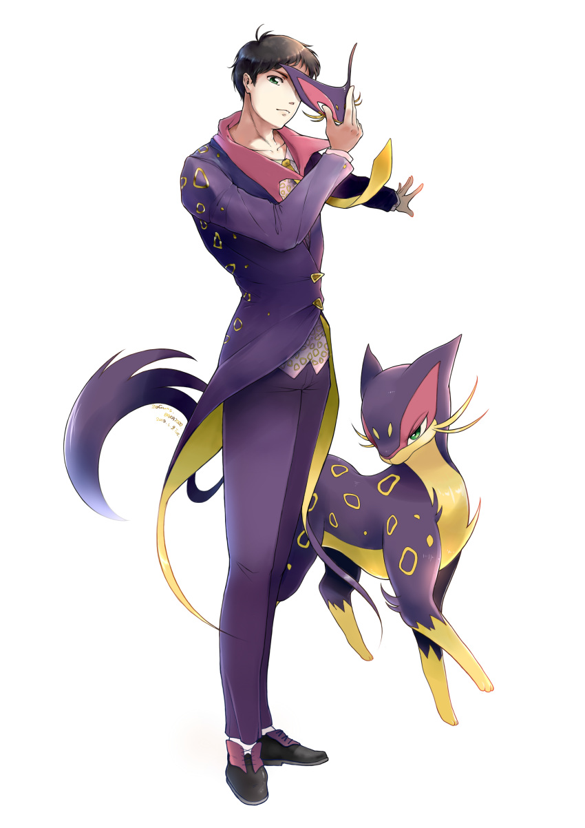 1boy absurdres artist_name baka2000 black_shoes brown dated formal green_eyes hair highres liepard mask mask_removed necktie outstretched_arm personification pokemon pokemon_(creature) purple_pants purple_suit shoes suit white_background yellow_necktie