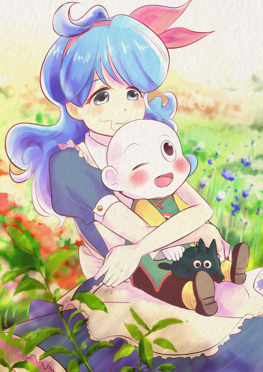 absurdres animal apron baguragi blue_dress blue_eyes blue_hair blurry chaozu chinese_clothes depth_of_field dragon_ball dress faux_traditional_media field flower flower_field hair_ribbon hairband highres hug hug_from_behind lunch_(dragon_ball) one_eye_closed ribbon sitting white_skin