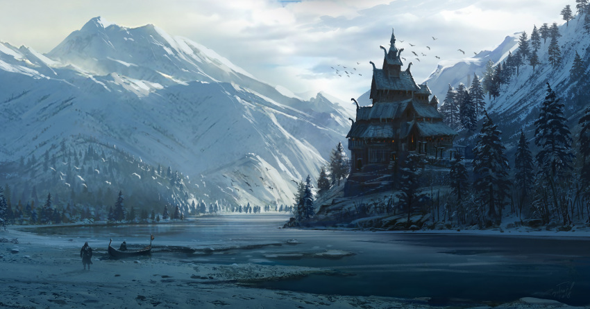 1boy absurdres assassin's_creed:_valhalla bird boat building clouds cloudy_sky concept_art dated european_architecture highres landscape mountain norway outdoors raphael-lacoste river signature sky tree water watercraft watermark