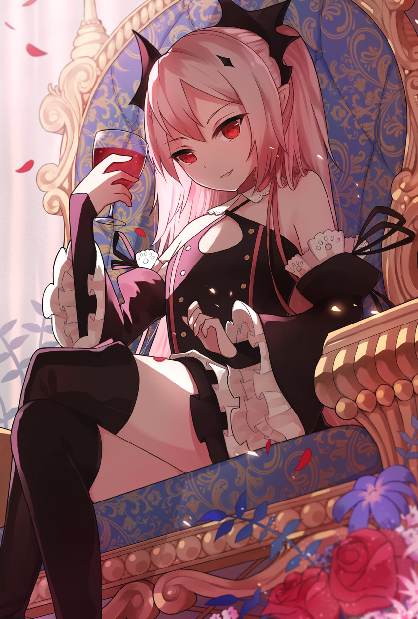 1girl cup detached_sleeves frills highres krul_tepes levi9452 owari_no_seraph petals pink_hair red_eyes rose_petals solo thigh-highs wine_glass zettai_ryouiki