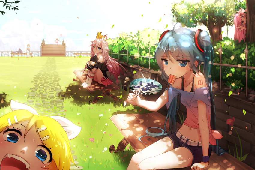 :d \m/ ahoge animal_on_head bai_yemeng balloon belt bench bird bird_on_head blonde_hair blue_eyes blue_hair blush boots braid bridge brown_hair character_request collarbone double_\m/ fan flower green_hair hair_ornament hair_ribbon hairclip hatsune_miku highres holding hot ia_(vocaloid) kagamine_rin lap_pillow leg_hug lens_flare long_hair lying megurine_luka mouth_hold number on_back one_eye_closed open_mouth pants paper_fan path peeking_out pink_hair popsicle railing ribbon road shirt shorts sitting skirt smile sweat sweating tied_shirt tree twintails very_long_hair violet_eyes vocaloid white_boots wristband