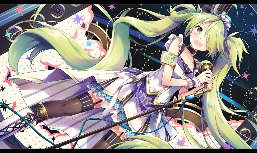 1girl character_request green_eyes green_hair hair_over_one_eye long_hair microphone nyanya official_art open_mouth original smile solo thigh-highs