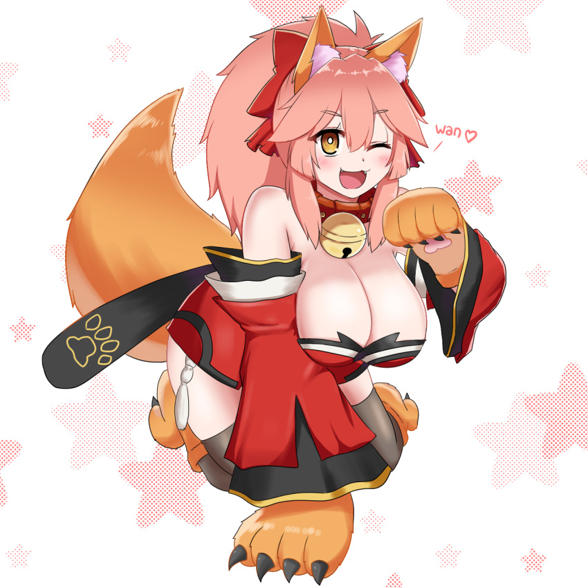 1girl animal_ear_fluff animal_ears animal_hands bell black_thighhighs bow breasts brown_eyes collar detached_sleeves fate/grand_order fate_(series) fox_ears fox_girl fox_tail gloves hair_between_eyes hair_bow highres japanese_clothes jingle_bell keita_naruzawa kimono large_breasts neck_bell one_eye_closed paw_gloves paw_shoes pink_hair ponytail red_bow red_kimono short_kimono solo tail tamamo_(fate) tamamo_cat_(fate) tamamo_cat_(first_ascension)_(fate) thigh-highs wide_sleeves