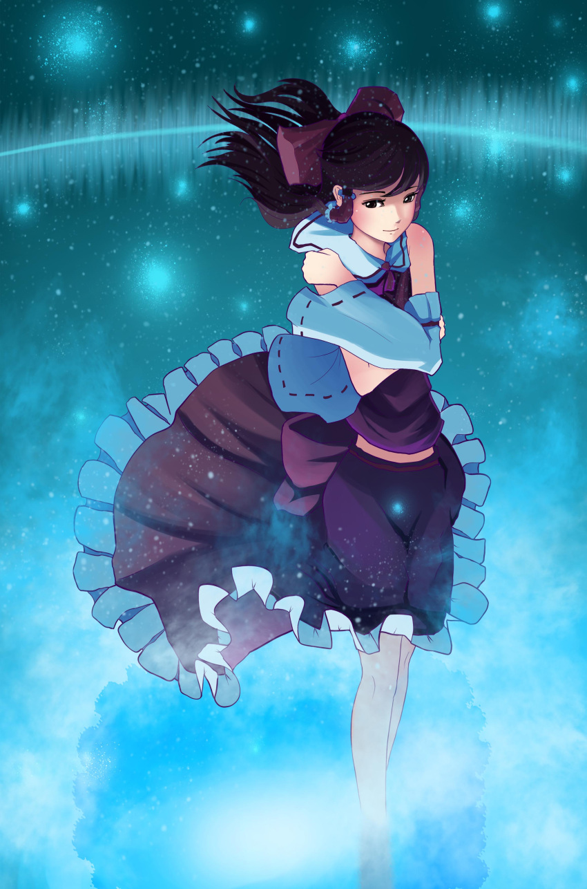 1girl absurdres armband aurora bare_legs barefoot black_eyes bow brown_hair detached_sleeves diandianzai frilled_skirt frills hair_bow hair_tubes hakurei_reimu highres holding long_hair long_skirt looking_down night night_sky partially_submerged red_skirt reflection ribbon-trimmed_sleeves ribbon_trim skirt sky sleeveless smile solo standing standing_on_water star_(sky) starry_sky touhou wind