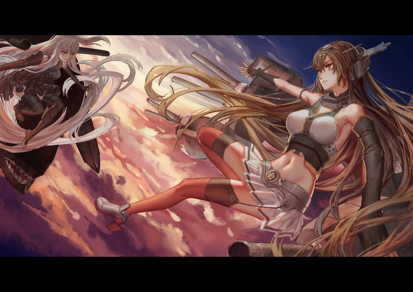 2girls absurdly_long_hair aircraft_carrier_hime bad_hands black_hair breasts brown_eyes cannon clouds cloudy_sky dutch_angle elbow_gloves fingerless_gloves foreshortening full_body garter_straps gloves headgear horns kantai_collection large_breasts letterboxed light_smile long_hair looking_at_another maomaozi mecha_musume midriff miniskirt multiple_girls nagato_(kantai_collection) navel one_side_up outdoors outstretched_arm pale_skin pink_sky pleated_skirt red_eyes serious shinkaisei-kan showdown skirt sky sunset thigh-highs torn_clothes turret very_long_hair white_hair