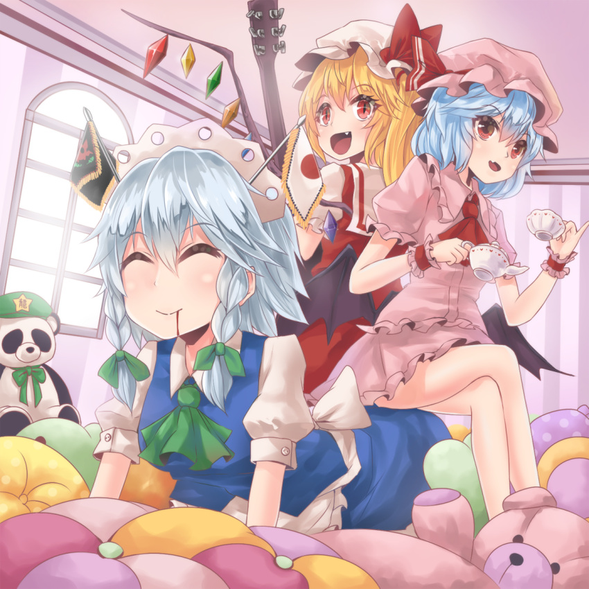 4girls :d ^_^ bat_wings blonde_hair blood blood_from_mouth blue_hair bow braid closed_eyes crossed_legs cup dress fang flandre_scarlet fuente green_ribbon hair_ribbon hat hat_bow highres hong_meiling izayoi_sakuya maid_headdress mob_cap multiple_girls open_mouth pink_dress red_bow red_dress remilia_scarlet ribbon short_hair short_sleeves sitting sitting_on_person smile stuffed_animal stuffed_toy teacup teddy_bear touhou tress_ribbon twin_braids wings